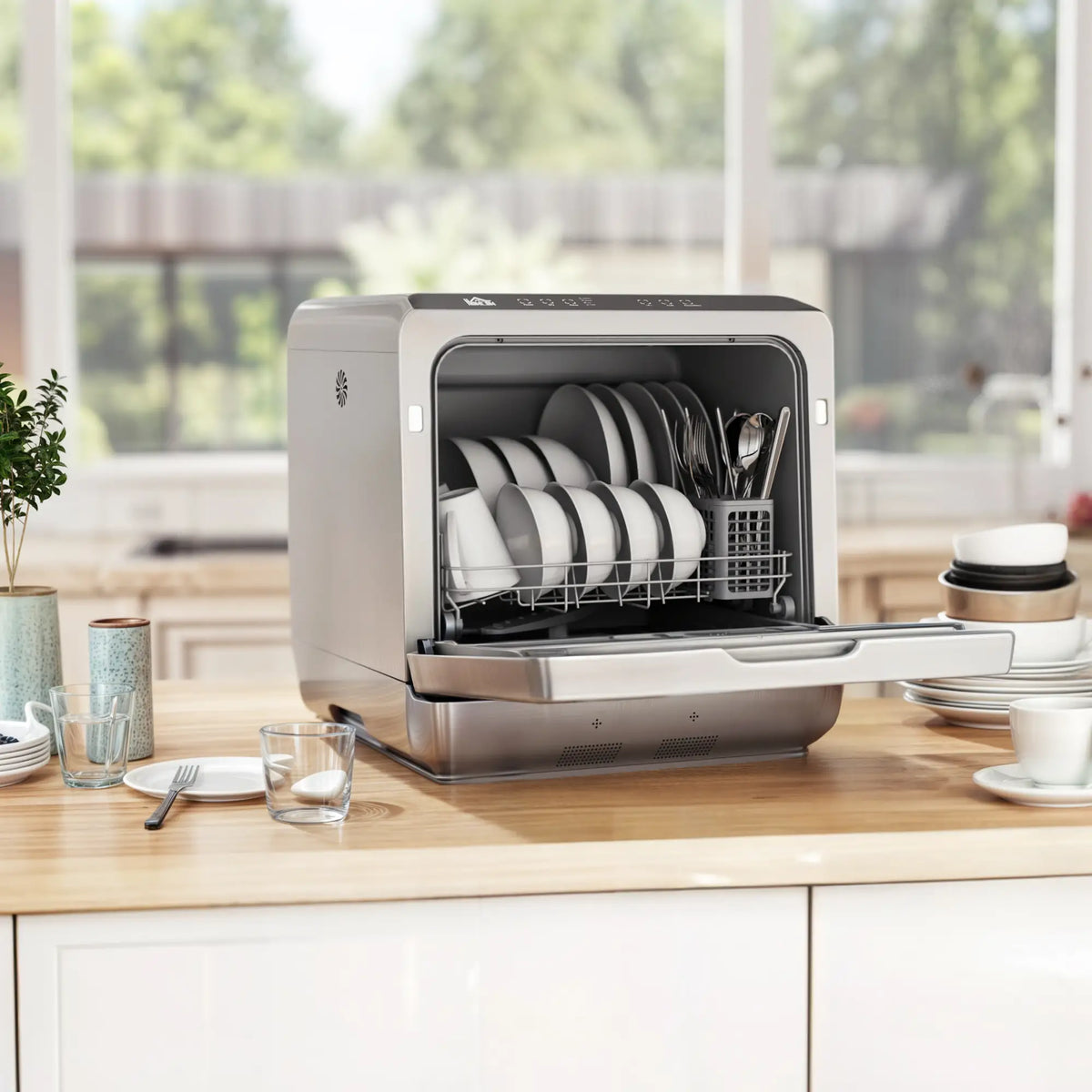 HOMCOM Table Top Dishwasher with Built-in 6L Water Tank, Mini Countertop Dishwasher with 6 Programs, Silver Tone