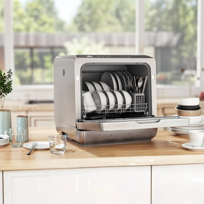 HOMCOM Table Top Dishwasher with Built-in 6L Water Tank, Mini Countertop Dishwasher with 6 Programs, Silver Tone
