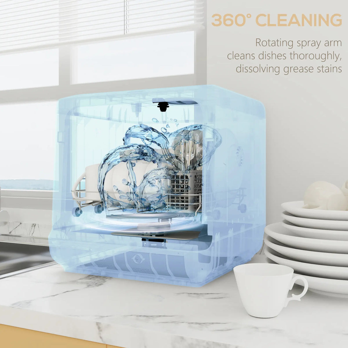 HOMCOM Table Top Dishwasher with Built-in 6L Water Tank, Mini Countertop Dishwasher with 6 Programs, Silver Tone