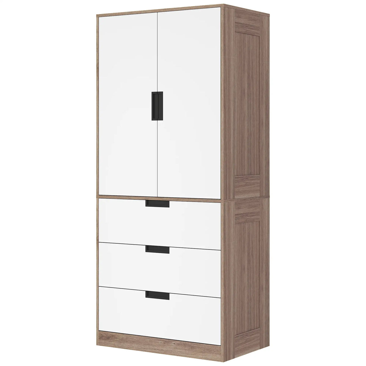 HOMCOM Modern Clothes Storage Cupboard Unit, 3 Drawer 2 Door Wardrobe with Hanging Rod, White/Brown