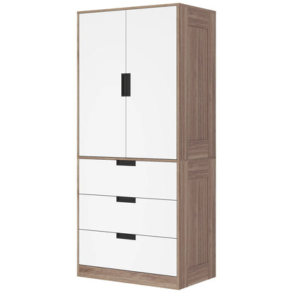 HOMCOM Modern Clothes Storage Cupboard Unit, 3 Drawer 2 Door Wardrobe with Hanging Rod, White/Brown