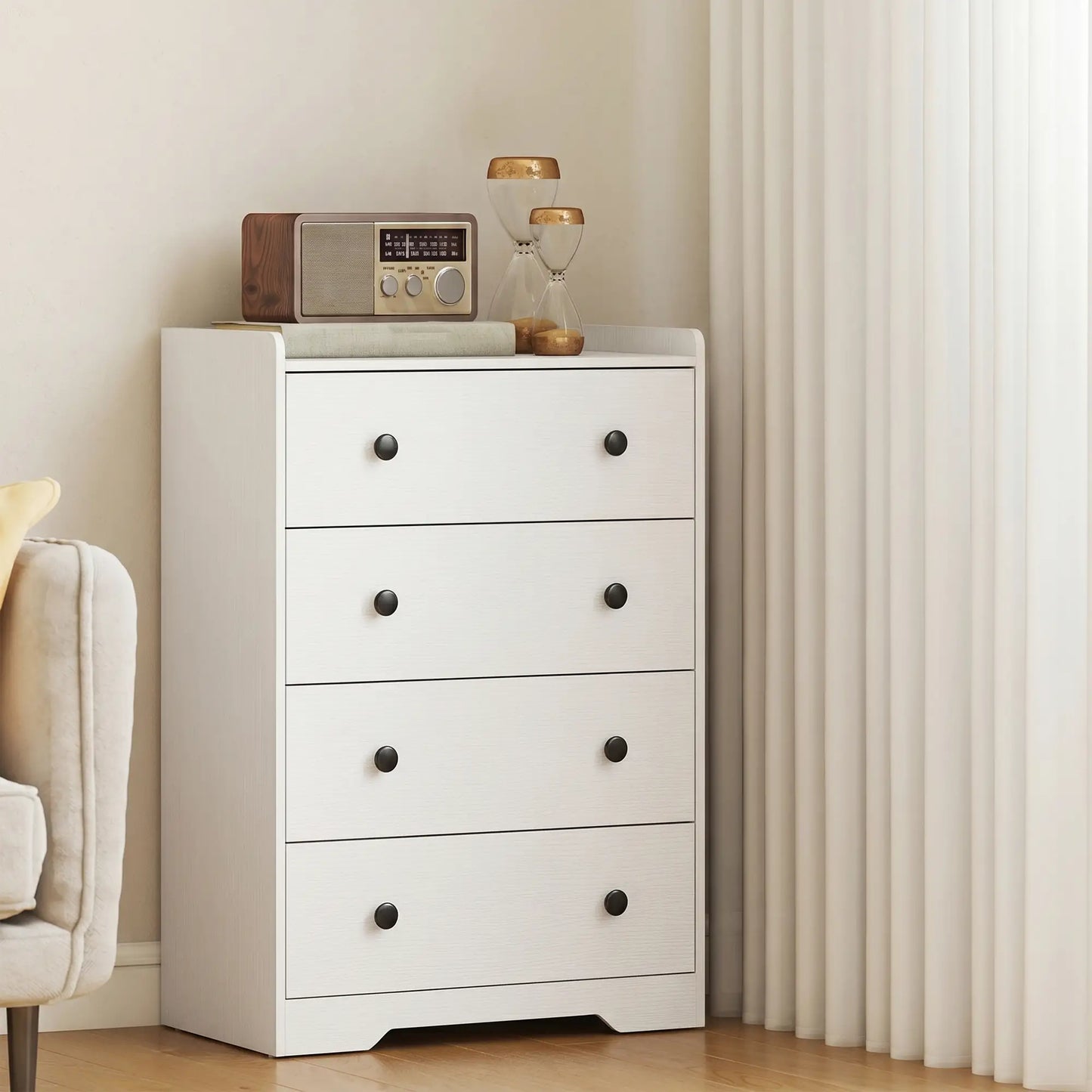 HOMCOM 4 Drawer Chest of Drawers, Modern Dresser for Bedroom, Storage Cabinet, White Wood Effect