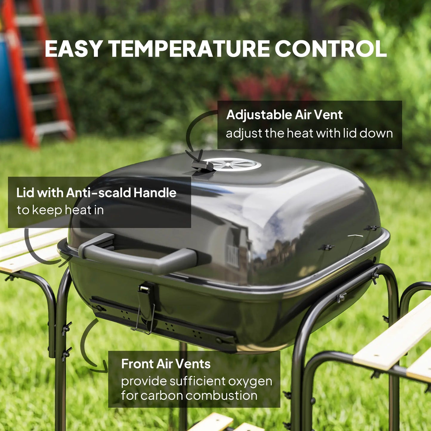 Outsunny Charcoal Barbecue Grill Portable BBQ Grill with Cooking Area, 3 Shelves, Lockable Lid, Wheels for Outdoor Cooking, Garden Party, Black