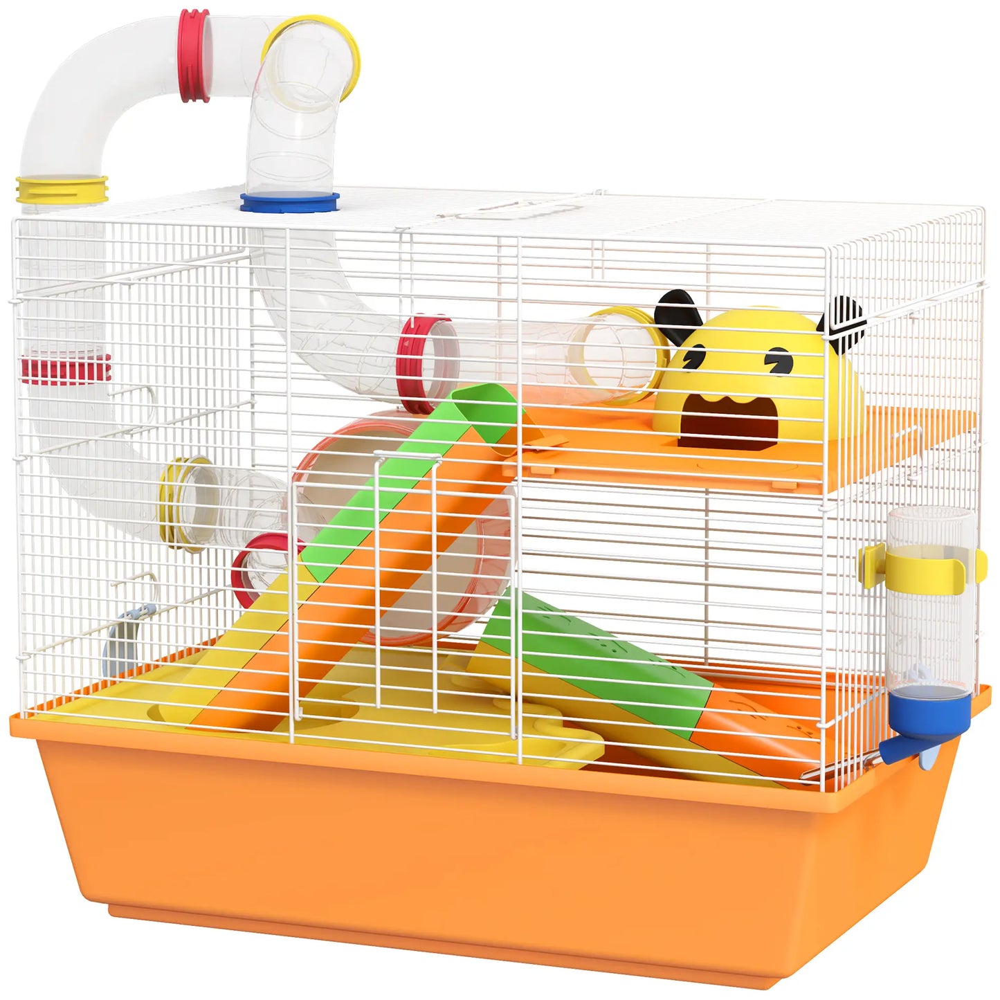 PawHut 3 Tiers Gerbil Cage, Hamster Cage with Tubes, Exercise Wheel, Ladder, Top Handle - Orange