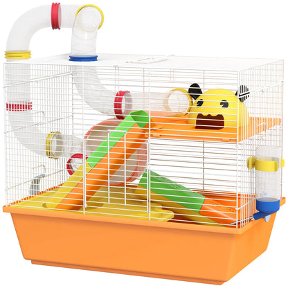 PawHut 3 Tiers Gerbil Cage, Hamster Cage with Tubes, Exercise Wheel, Ladder, Top Handle - Orange