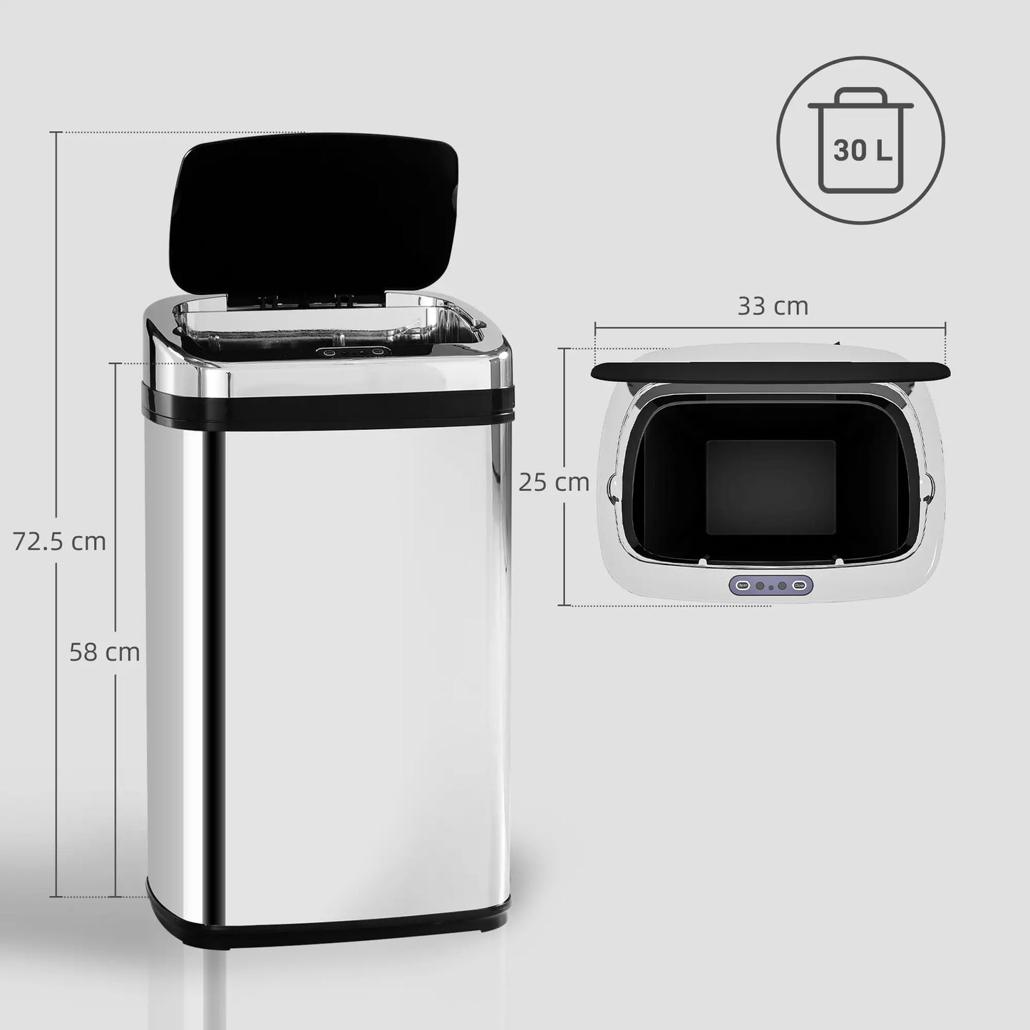 HOMCOM 30L Stainless Steel Motion Sensor Kitchen Bin with Lid - Silver Tone