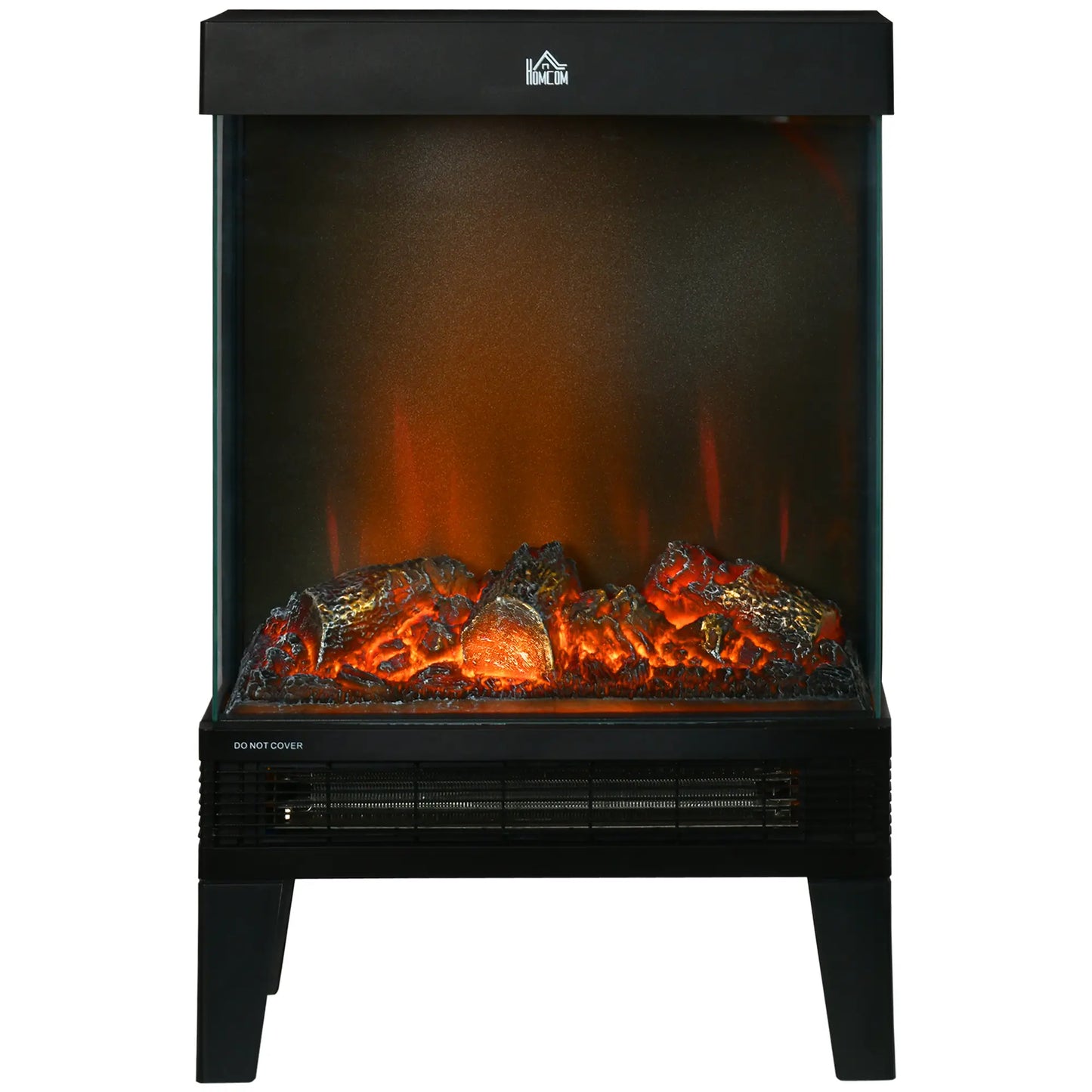 HOMCOM 180° Charming Electric Fireplace Heater, Quiet Freestanding Stove with LED Flame Effect, Overheating Protection, Black