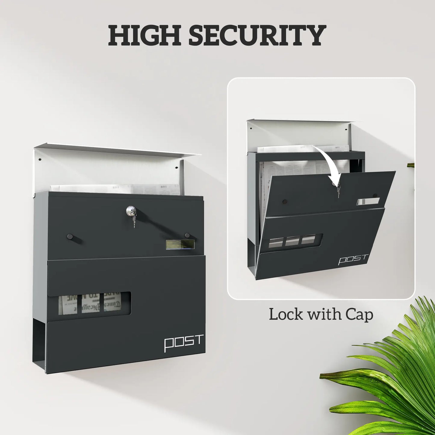 HOMCOM Locking Galvanised Steel Letterbox w/ Viewing Window Post Box, Mailbox - Charcoal Grey/Black