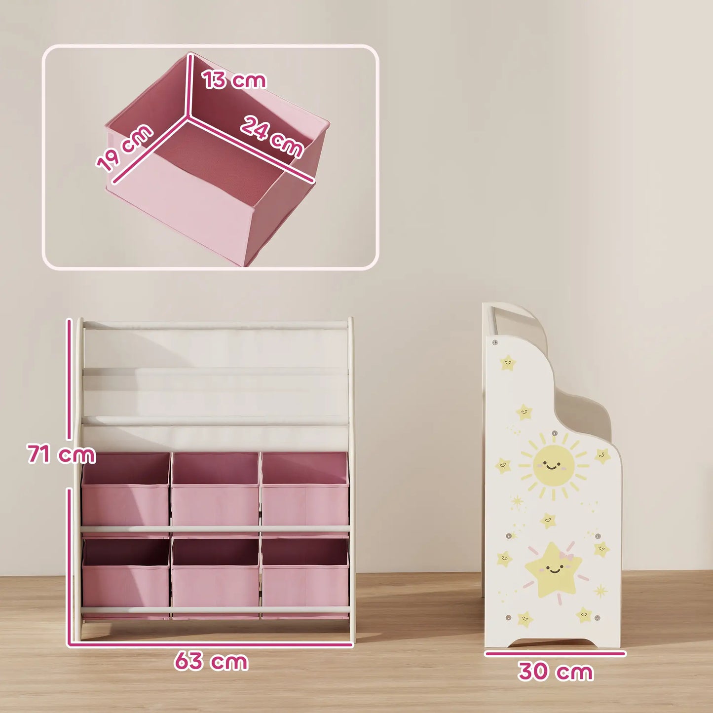 AIYAPLAY Kids Storage Unit, Toy Organiser with 6 Fabric Drawers and 2-Tier Sling Book Rack for Bedroom, Playroom, Pink