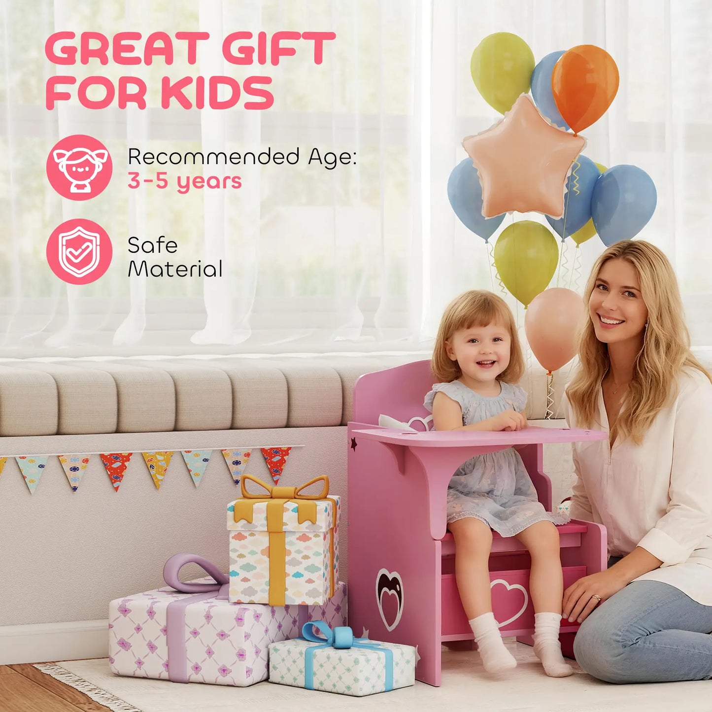 AIYAPLAY Kids Table & Chair Set, Children Desk & Chair with Storage Bins for Playing, Reading, Pink