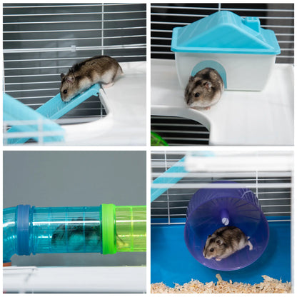 PawHut 5 Tier Hamster Cage, Gerbil Cage with Exercise Wheel, Feeder Bowl, Tube - Blue