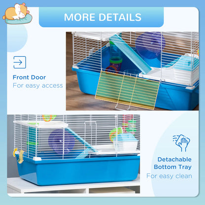 PawHut Hamster Cage, Gerbil Cage 3 Tier for Dwarf Hamster with Tube, Exercise Wheel, Water Bottle, Food Dish - Blue