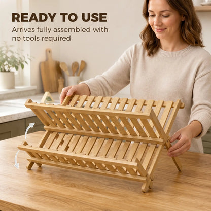 HOMCOM 2-Tier Foldable Kitchen Storage Rack with Slatted Draining Shelves, Natural Wood Finish