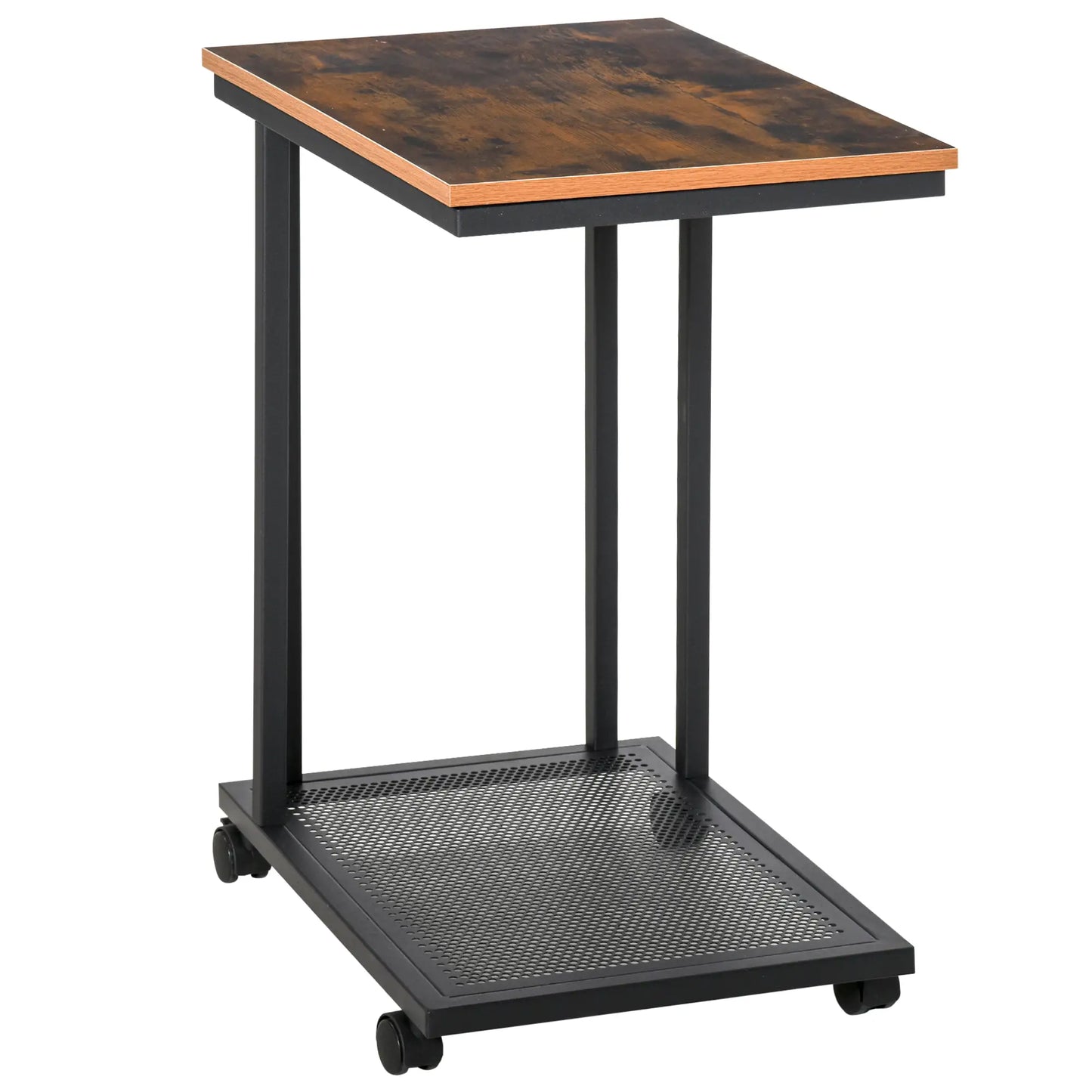 HOMCOM C Shaped Side Table with Wheels, Mobile End Table, Laptop Stand with Metal Frame & Storage Shelf, Rustic Brown