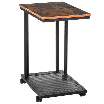 HOMCOM C Shaped Side Table with Wheels, Mobile End Table, Laptop Stand with Metal Frame & Storage Shelf, Rustic Brown