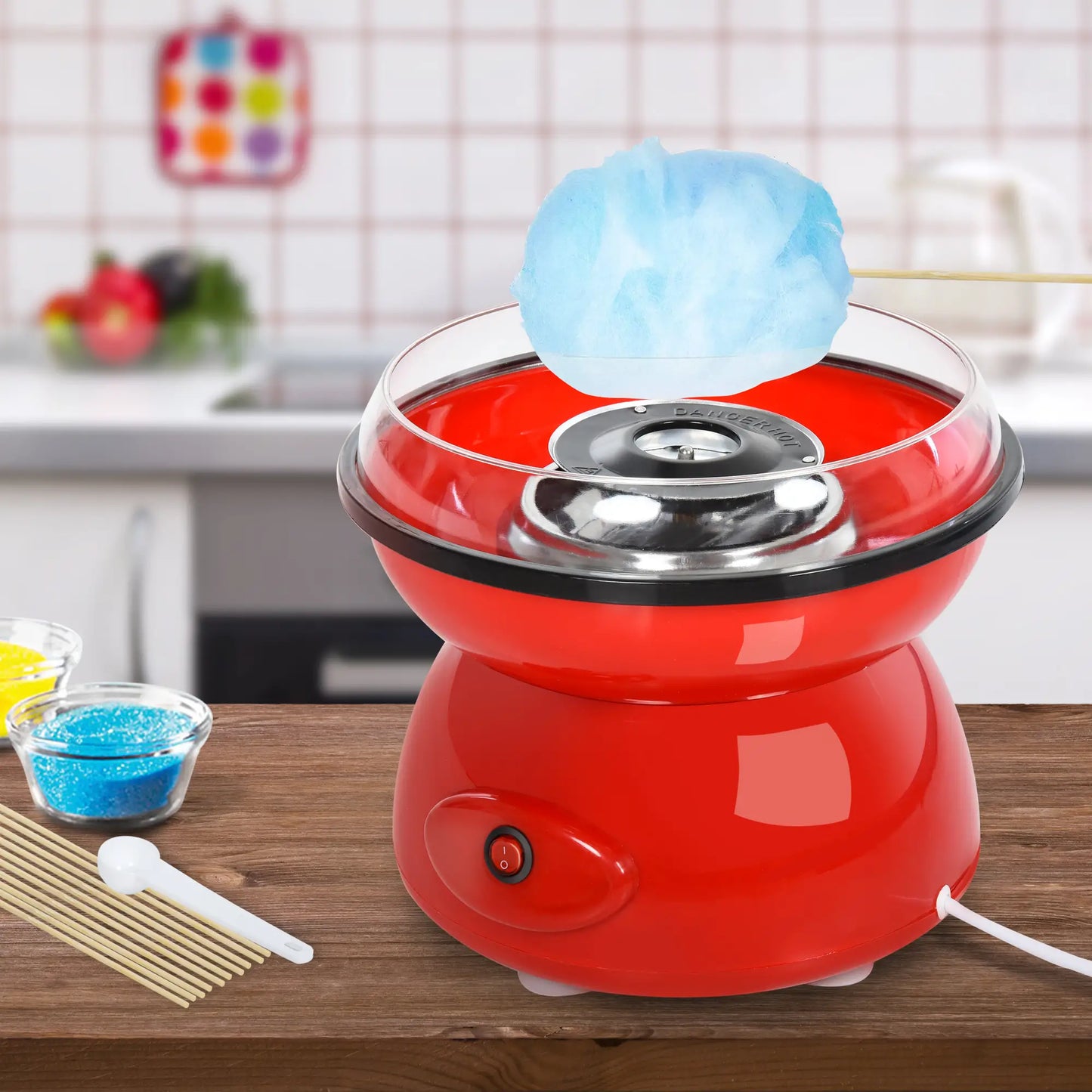 HOMCOM 450W Cotton Candy Floss Machine, with Candyfloss Sticks, Spoon, Splash Guard, Non-Slip Base, Red