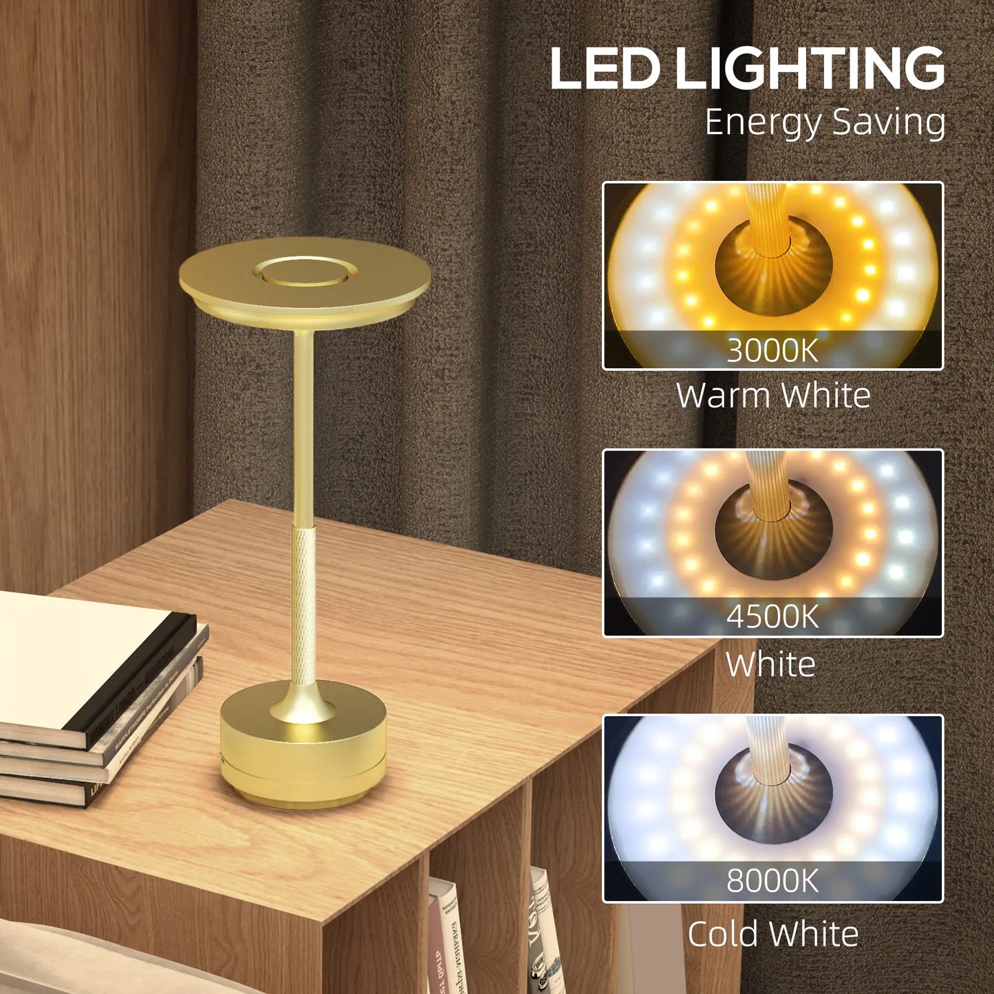 HOMCOM Cordless Table Lamp, Touch LED Desk Lamp with 4000mAh Rechargeable Battery, 3 Colour, for Bedroom Living Room