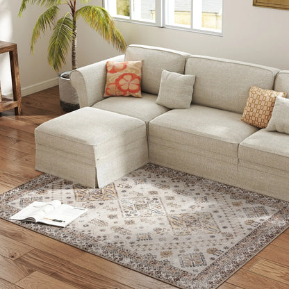 HOMCOM Vintage Area Rug, Non-Slip Washable, Flannel Floor Carpet for Living Room, Bedroom, Home Office, Beige