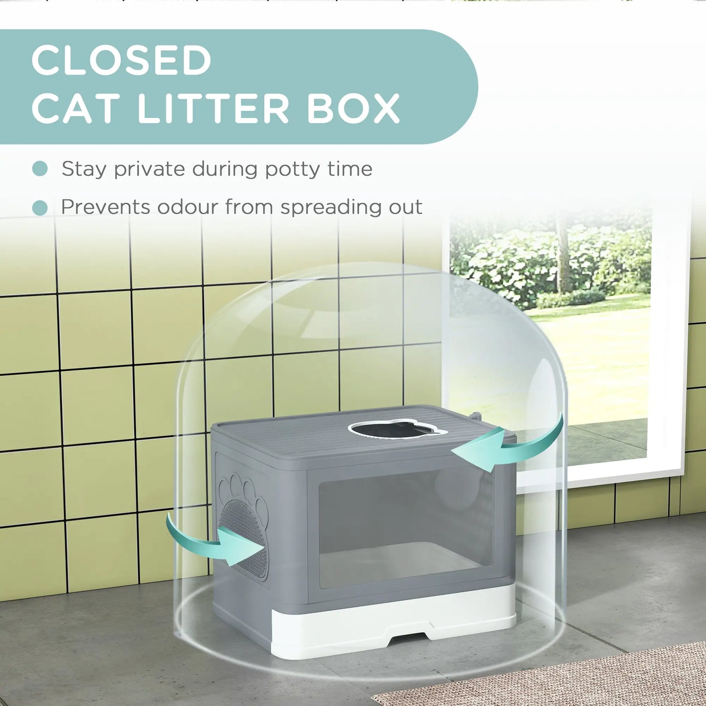 PawHut Enclosed Cat Litter Box with Lid, Front Entry, Top Exit, Drawer, Tray, Scoop, Brush - Grey