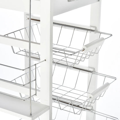 HOMCOM Rolling Kitchen Cart, Utility Storage Cart with 4 Basket Drawers & Side Racks, Wheels for Dining Room, White