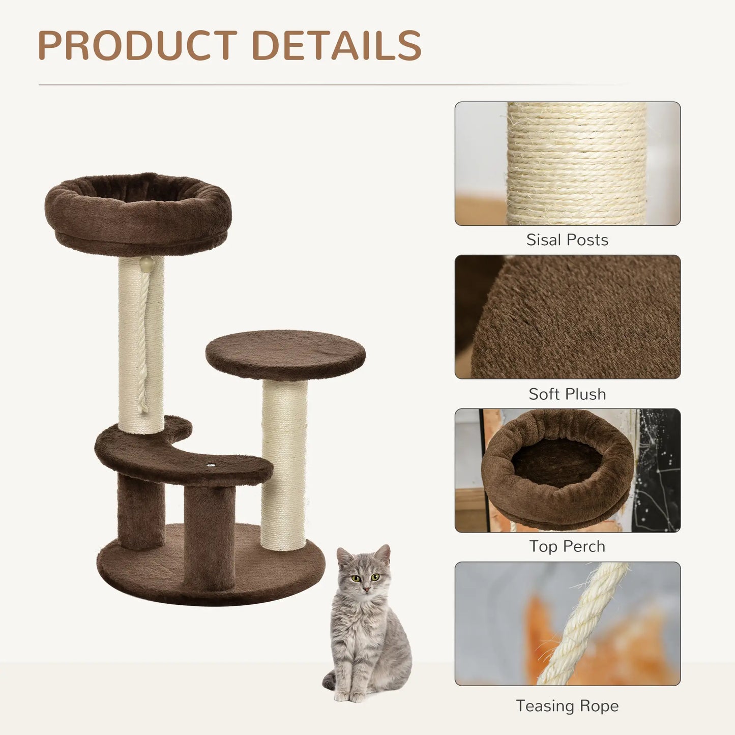 PawHut 65cm Cat Tree, Cat Tower for Kittens, Small Cat Condo with Sisal Scratching Posts, Hanging Rope - Brown