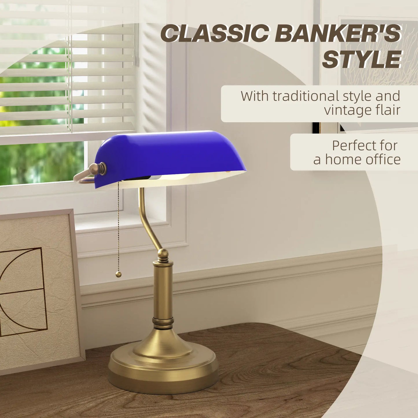 HOMCOM Banker's Desk Lamp with Antique Bronze Tone Base, Table Lamp with Glass Shade for Home Office, Blue