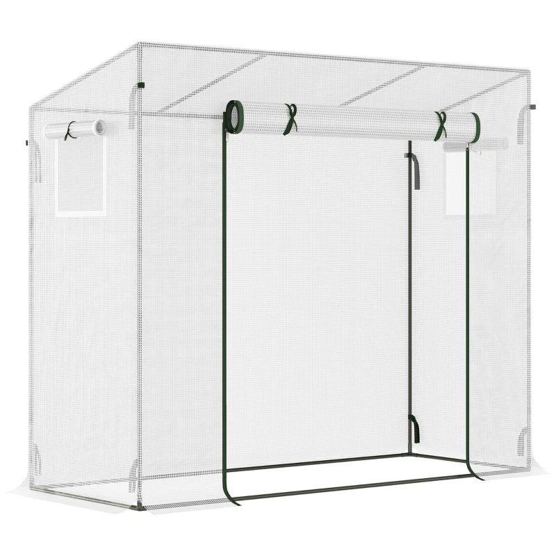 Outsunny Small Walk-in Garden Greenhouse with Steel Frame, Large Roll-Up Door and Windows, White