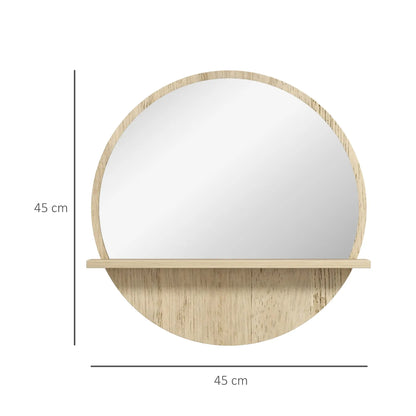 kleankin 45cm Round Home Bathroom Mirror, with Shelf - Natural Wood Effect