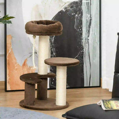 PawHut 65cm Cat Tree, Cat Tower for Kittens, Small Cat Condo with Sisal Scratching Posts, Hanging Rope - Brown