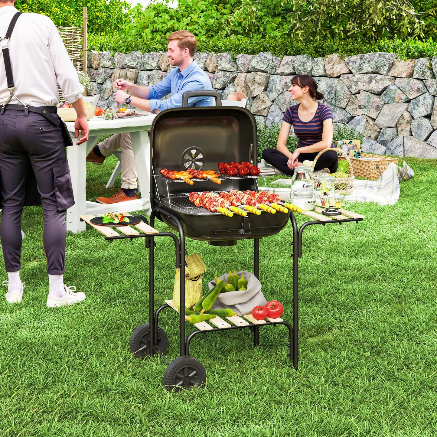 Outsunny Charcoal Barbecue Grill Portable BBQ Grill with Cooking Area, 3 Shelves, Lockable Lid, Wheels for Outdoor Cooking, Garden Party, Black
