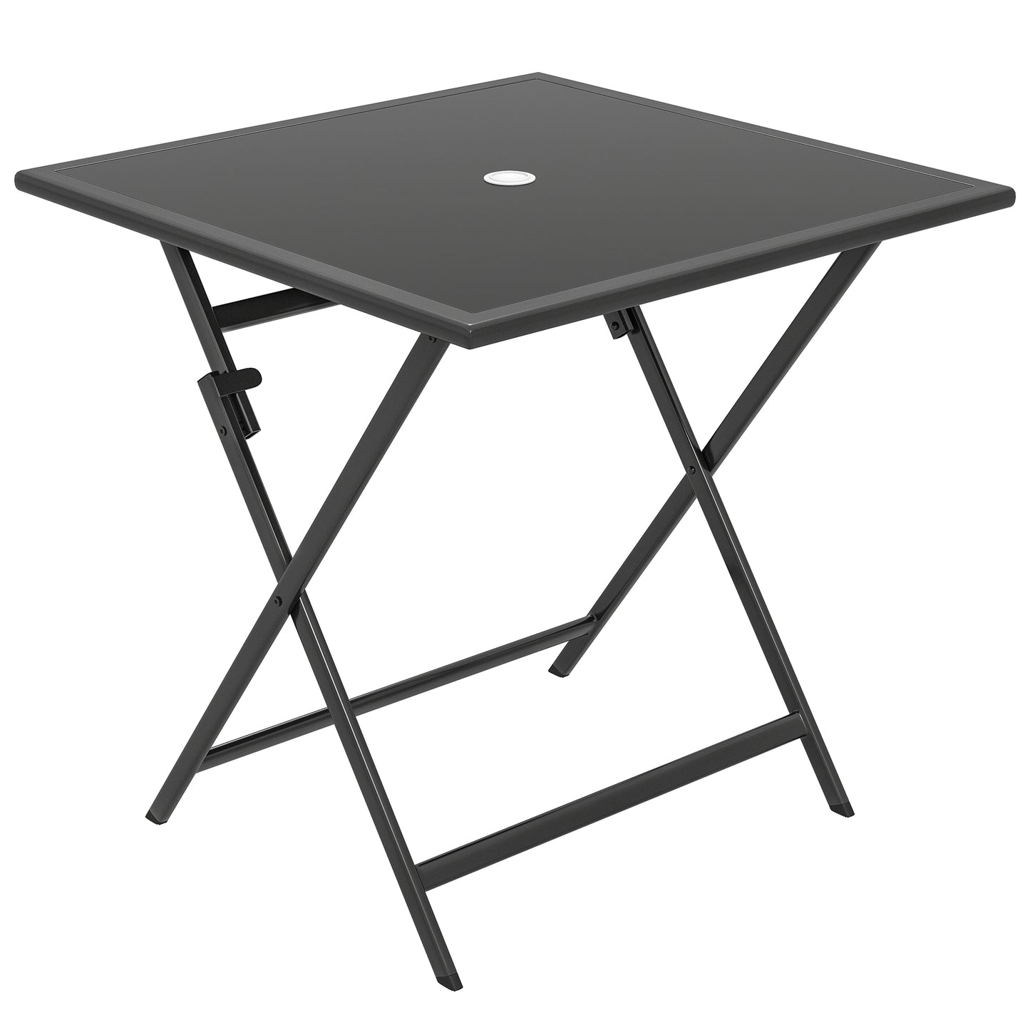 Outsunny Folding Outdoor Dining Table, Square Garden Patio Table Tempered Glass Top with Parasol Hole, Black