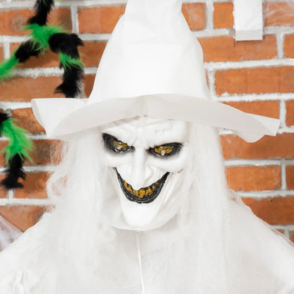 Outsunny Halloween Decorations White Witch Holding Pumpkin Head, Ghost Prop with Light Up Eyes & Body