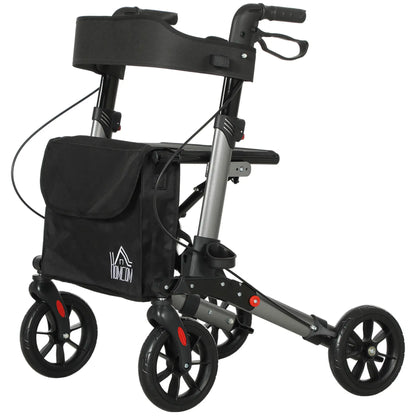 HOMCOM 4 Wheel Rollator with Seat & Back, Folding Walker with Carry Bag, Adjustable Height, Dual Brakes, Aluminium Walking Frame, Silver
