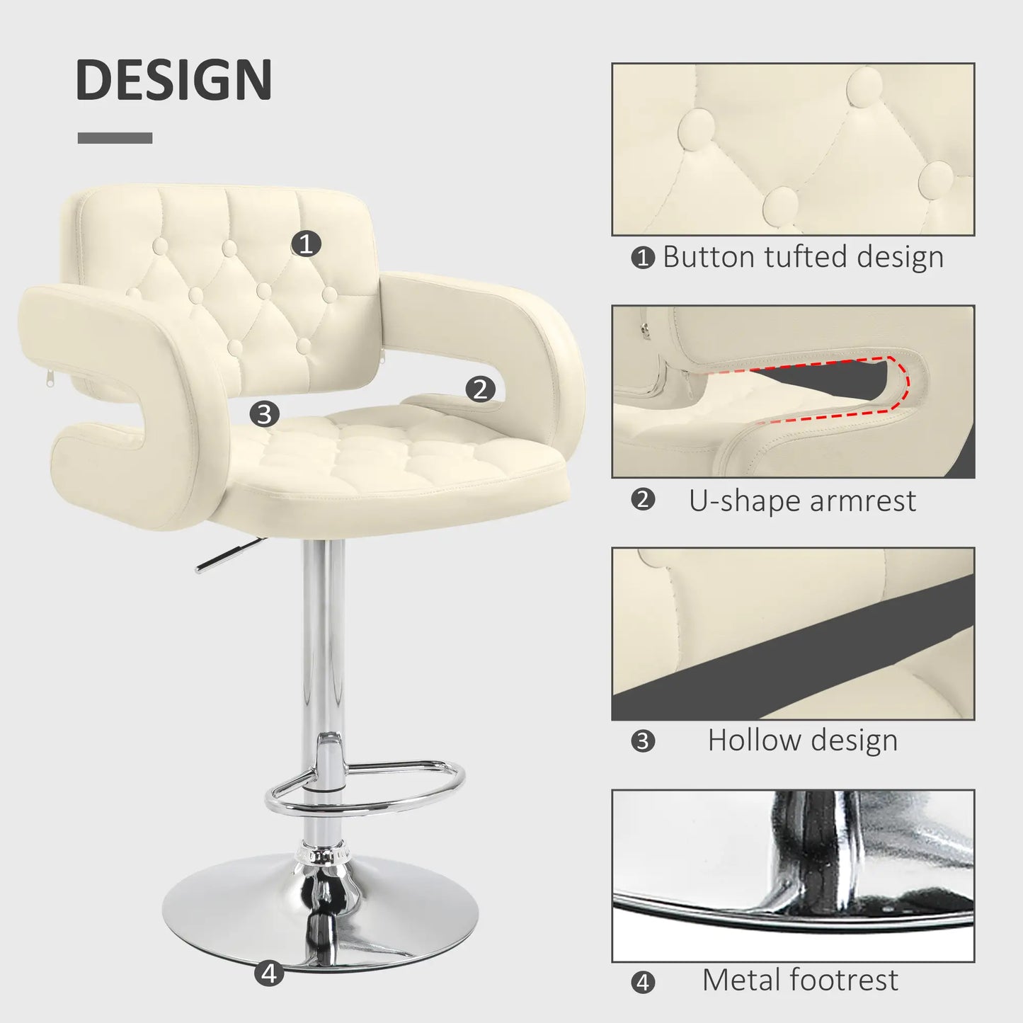 HOMCOM PU Leather Upholstered Swivel Bar Stool, Height Adjustable with Back, Armrest, Footrest, Beige