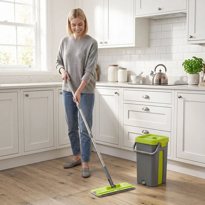 HOMCOM Flat Mop and Bucket with Wringer Set & 2 Chambers, Wet & Dry Use, Dark Grey