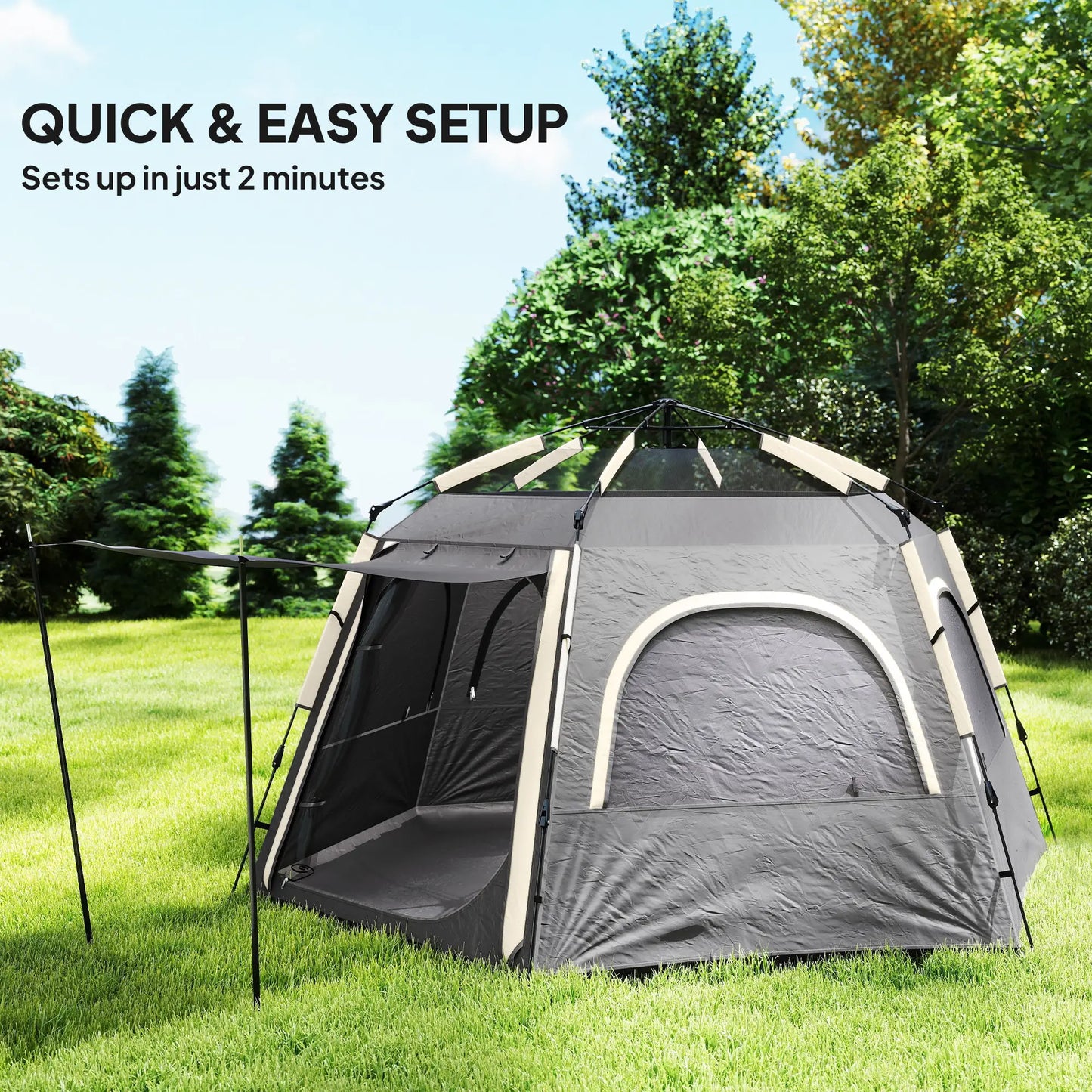 Outsunny Instant Camping Tent, Dome Family Tent with Vestibule, 4 Mesh Windows & 2 Doors, Waterproof & UV Protected, Dark Grey