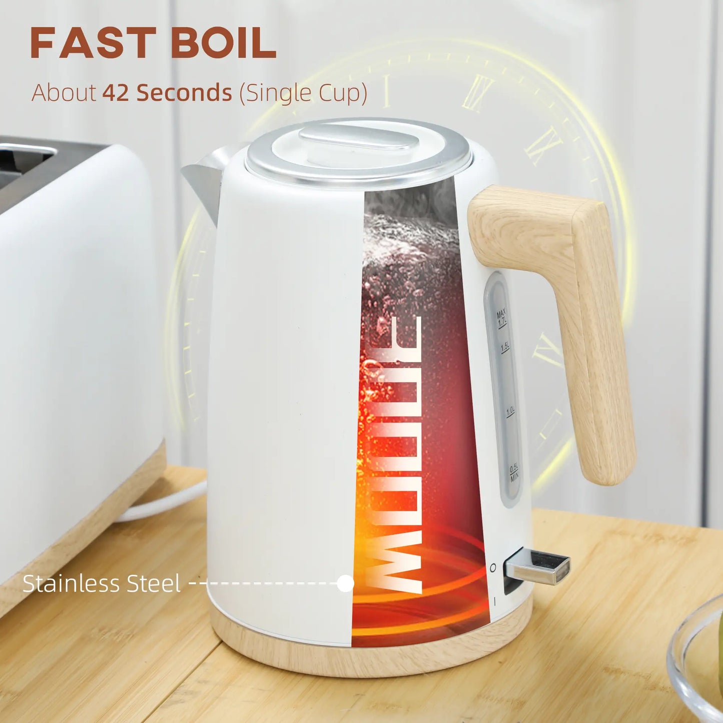HOMCOM Stainless Steel Kettle and Toaster Set, 1.7L 3000W Fast Boil Kettle & 2 Slice Toaster Kitchen Set, White