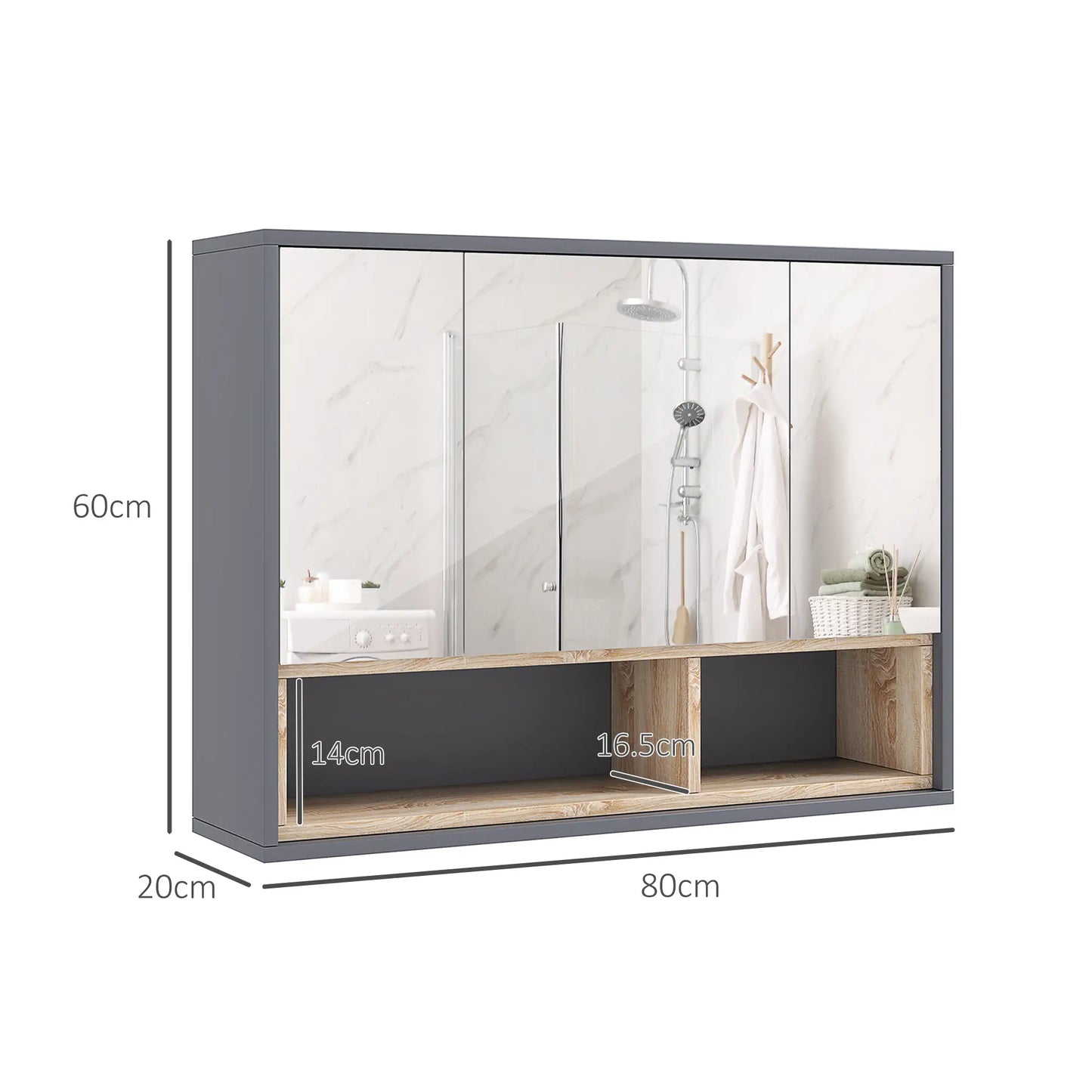 HOMCOM Bathroom Mirror Cabinet, Wall Mounted Cabinet with Mirror, 3 Doors & Cupboards, Grey