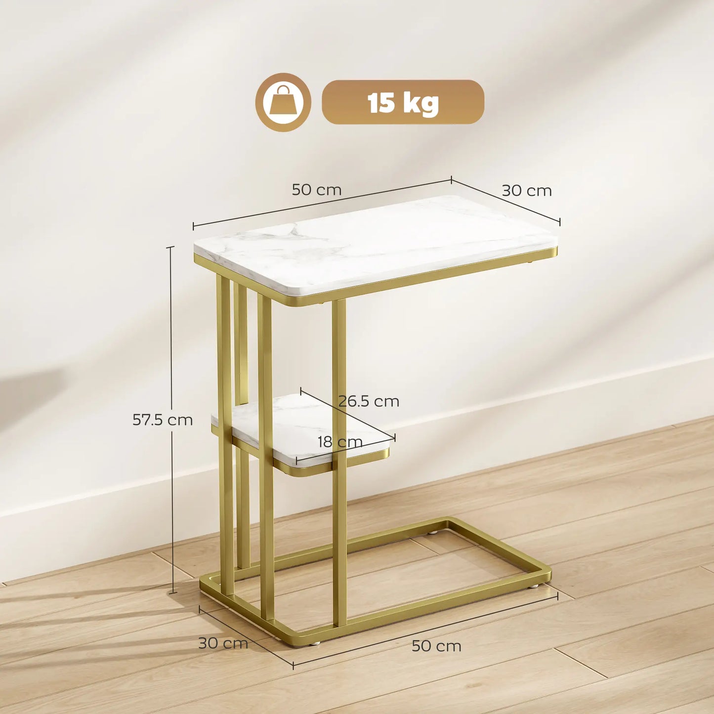 HOMCOM C-Shaped Narrow Side Table, 2-Tier Slim End, Nightstand for Living Room, Bedroom, White Marble Grain