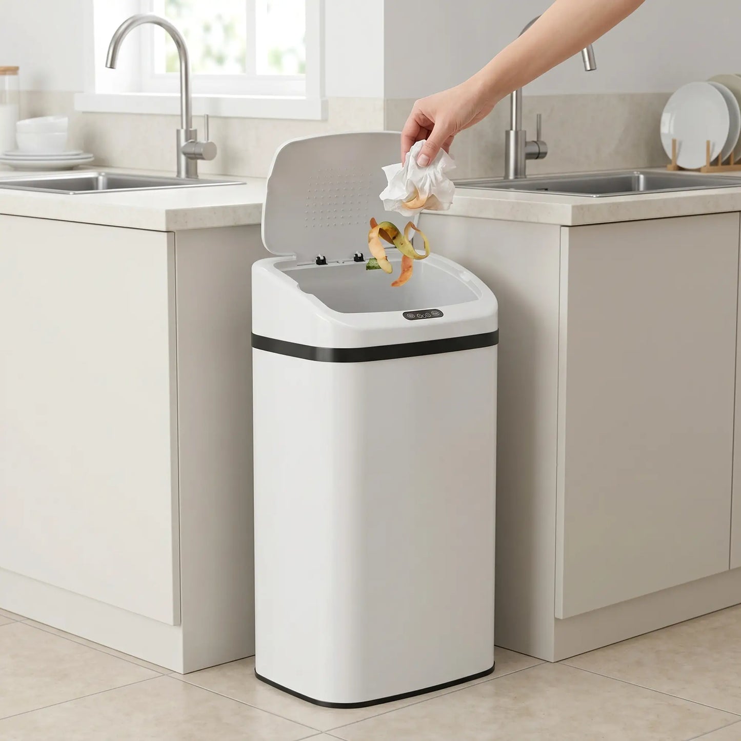 HOMCOM 48L Stainless Steel Kitchen Sensor Bin with Soft-Close Lid - White