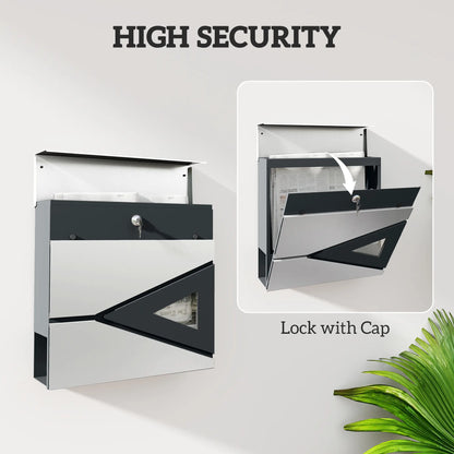 HOMCOM Wall Mounted Post Box with Viewing Window, 2 Lock, Modern Galvanised Steel Mailbox Weatherproof Letterbox