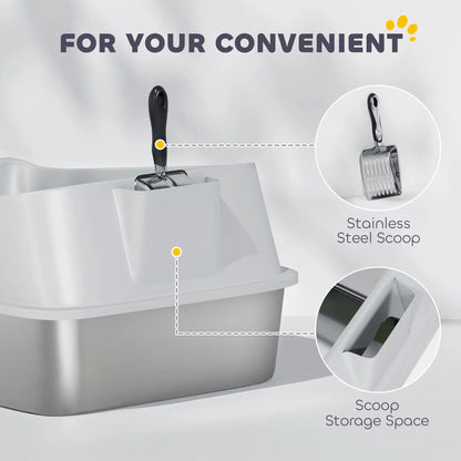 PawHut XL Stainless Steel Cat Litter Box with High Sides & Metal Scoop