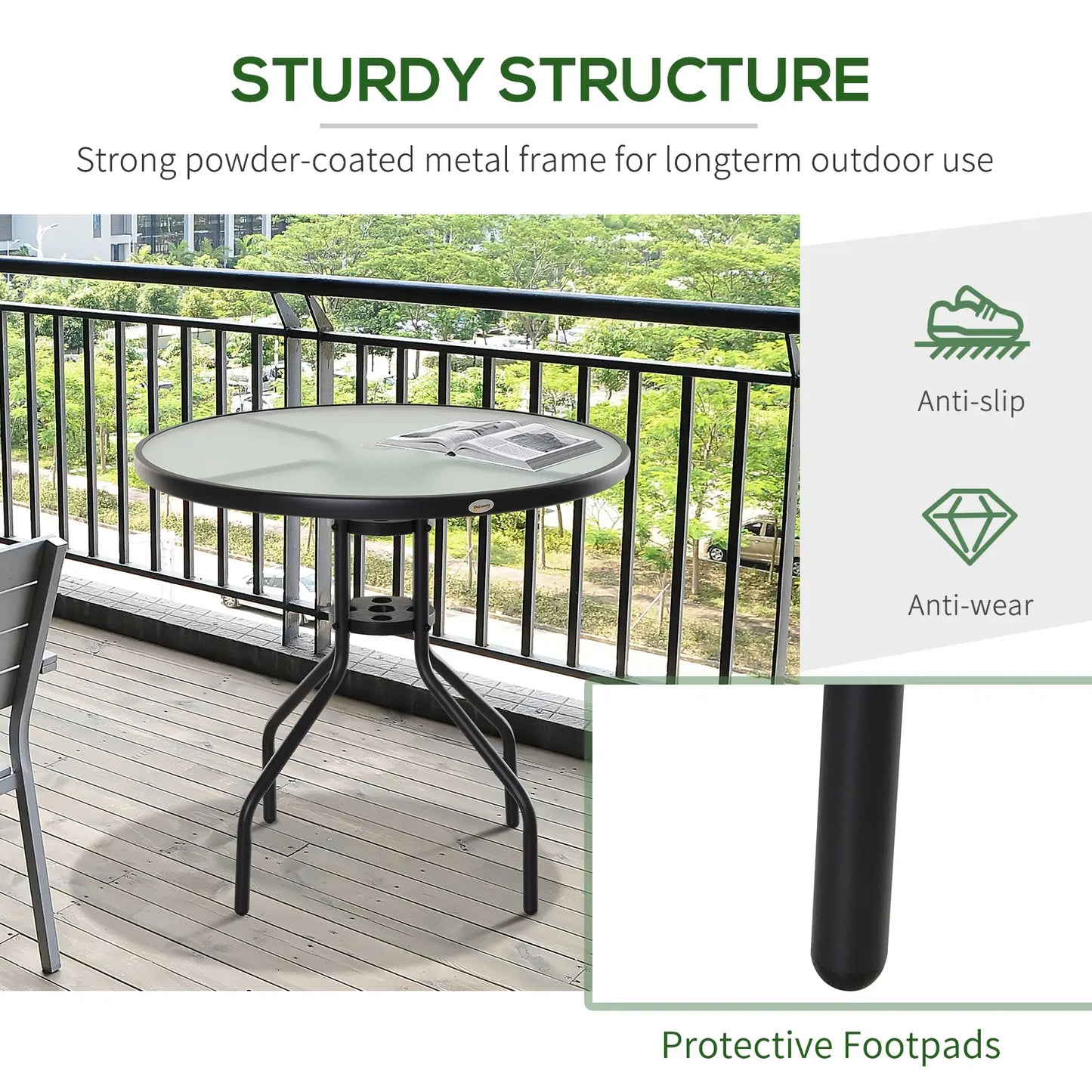 Outsunny Round Garden Dining Table with Parasol Hole for Outdoor Bistro Side Table with Tempered Glass Top for Patio, Porch, Black