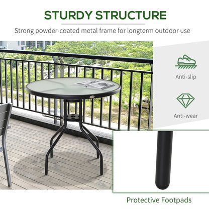 Outsunny Round Garden Dining Table with Parasol Hole for Outdoor Bistro Side Table with Tempered Glass Top for Patio, Porch, Black
