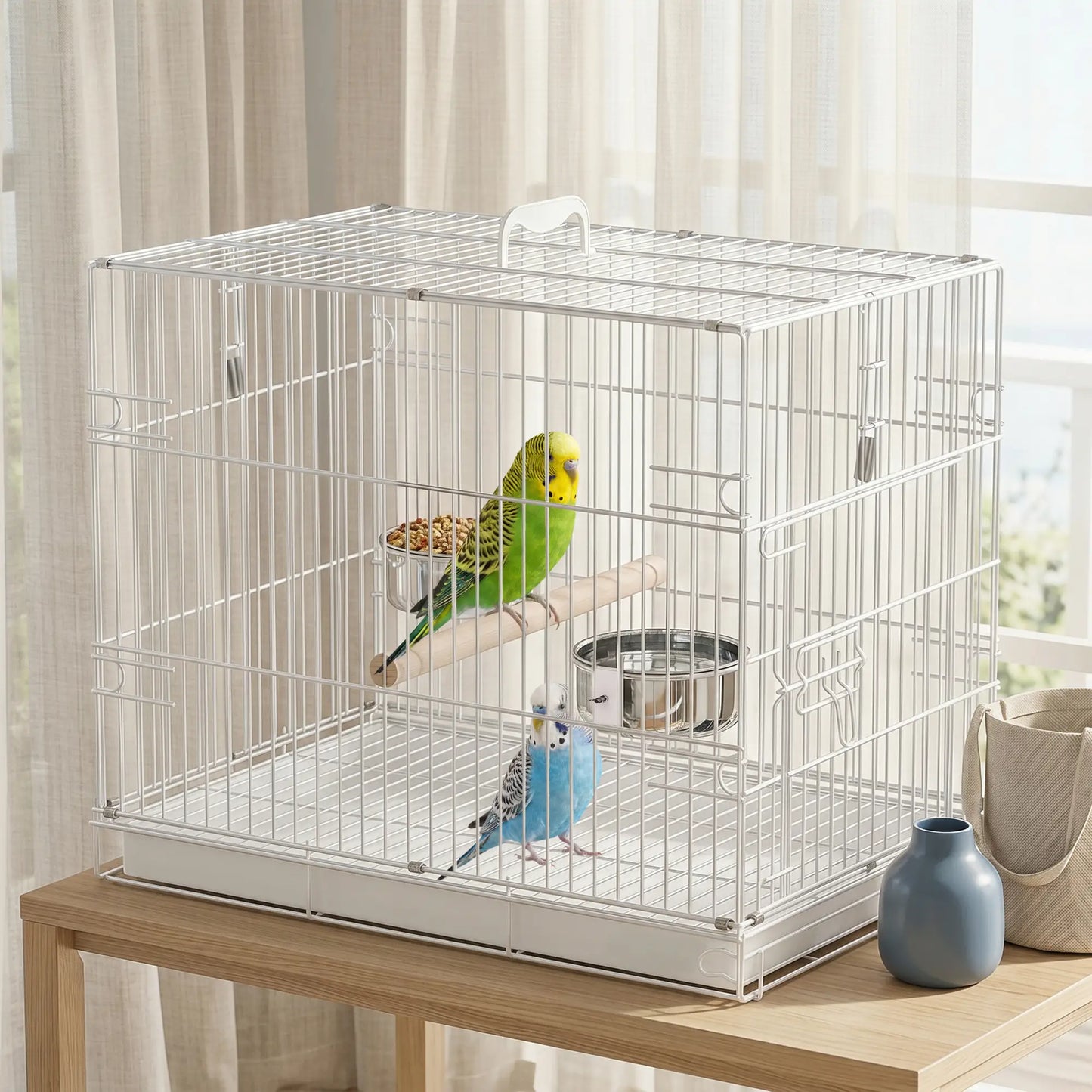 PawHut Bird Cage Foldable Portable Budgie Cage with Wooden Perch 2 Bowls for Travel, White