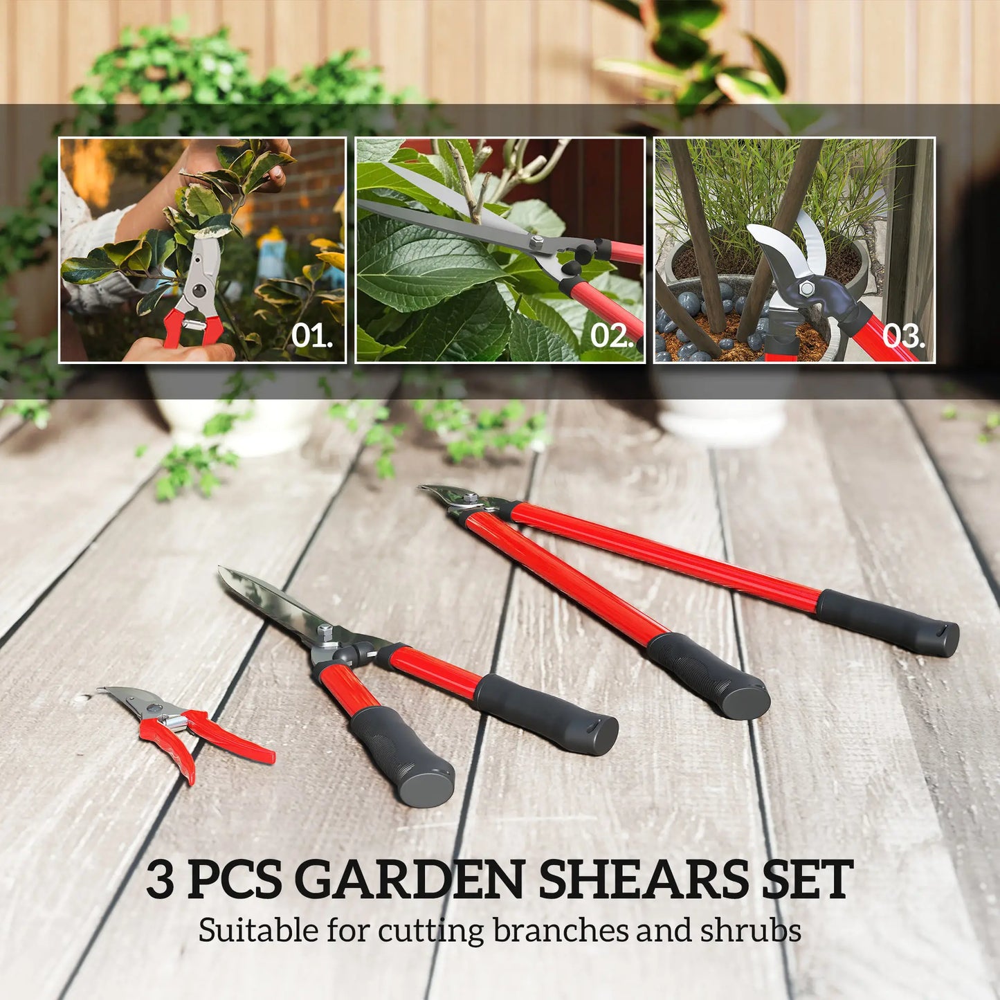Outsunny 3 Pcs Garden Shears Set with Hedge Shears, Lopper, Garden Secateurs, Lightweight and Compact, Tree Shrub Care Kit