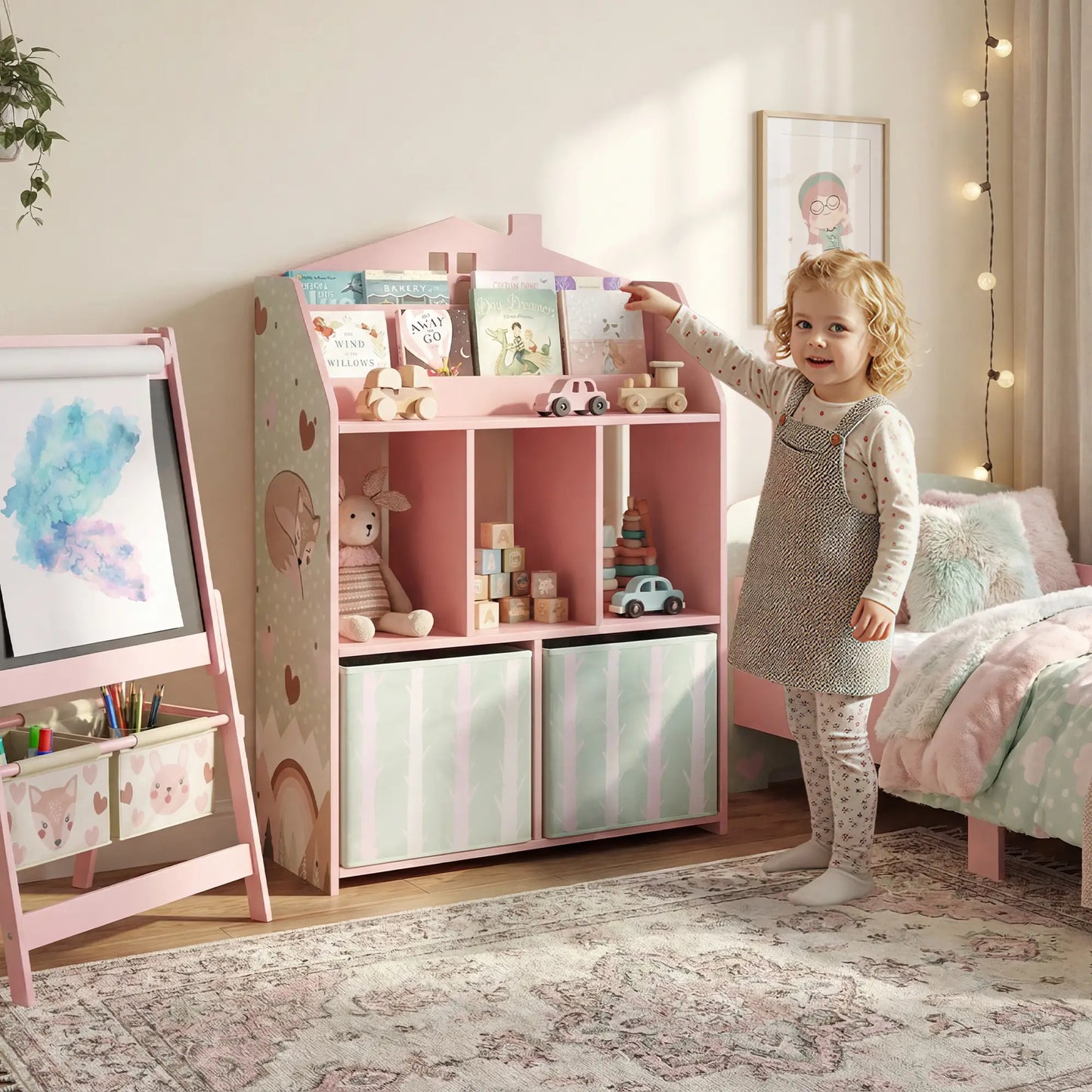 AIYAPLAY Kids Bookshelf with Toy Storage, Book Shelves and Fabric Drawers for Playroom, Pink