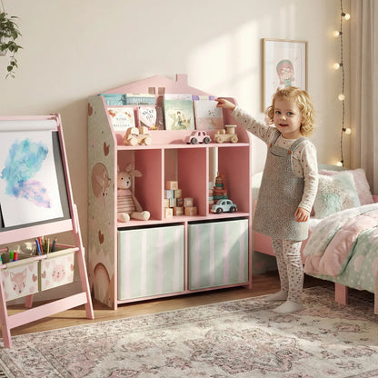 AIYAPLAY Kids Bookshelf with Toy Storage, Book Shelves and Fabric Drawers for Playroom, Pink