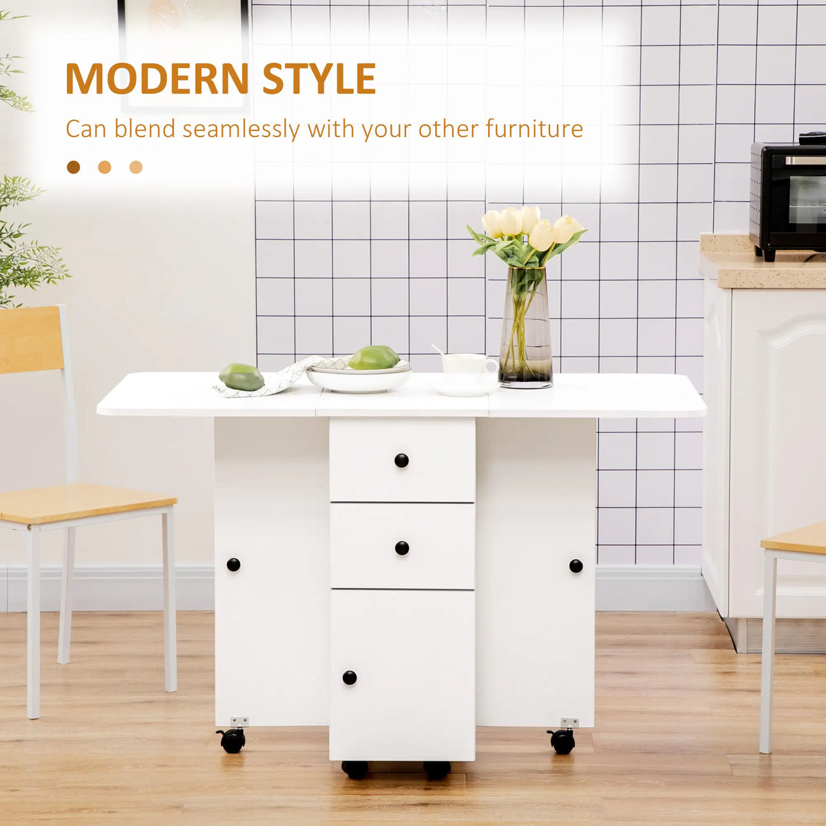 HOMCOM Kitchen Multi-Storage Six-Person Drop Leaf Dining Table - White