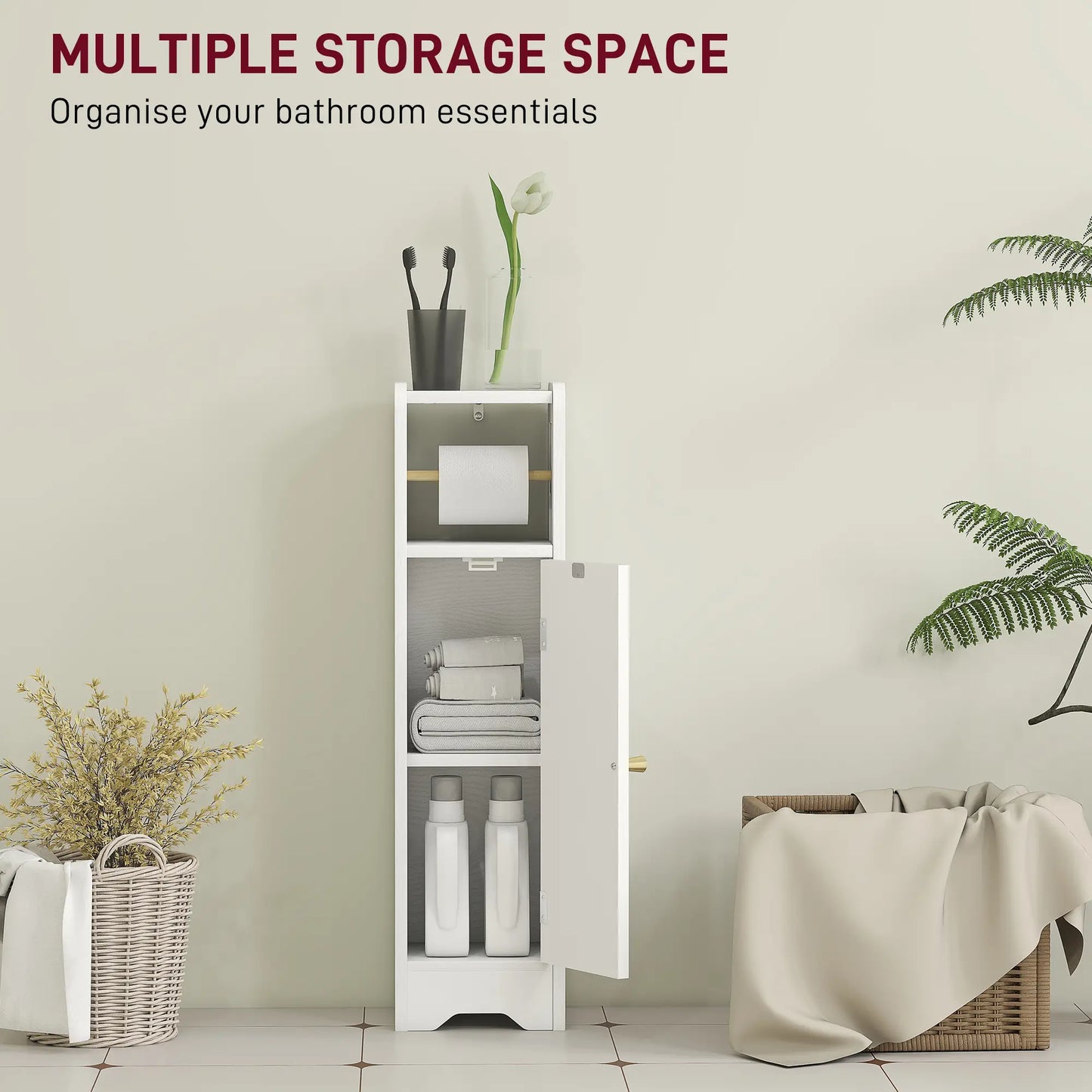 HOMCOM Small Bathroom Storage Cabinet with Toilet Roll Holder - White
